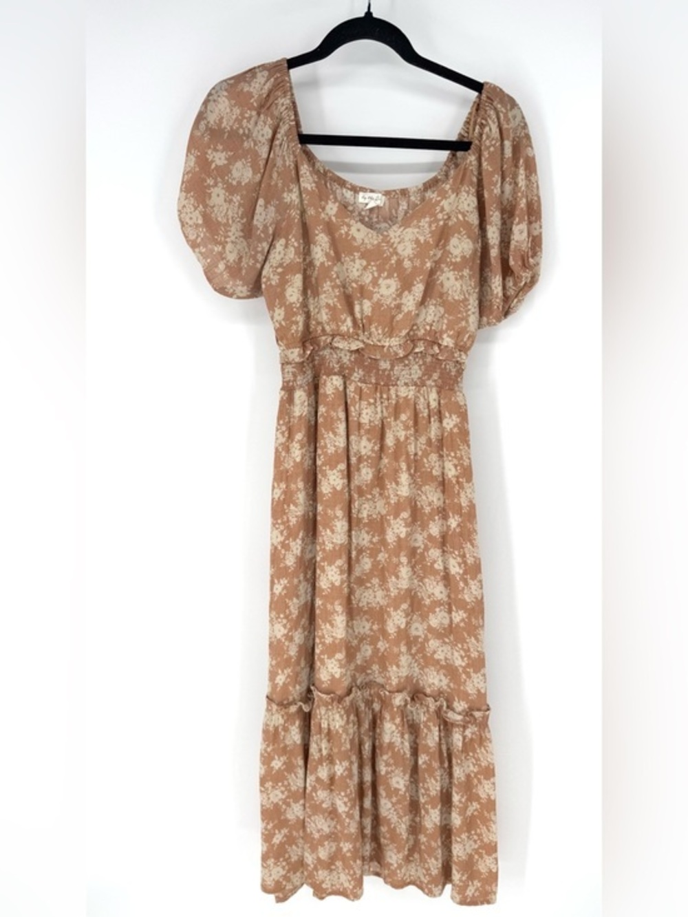 By the River, BoHo Bohemian whimsy Floral Midi Dress with Puff Sleeves in Beige